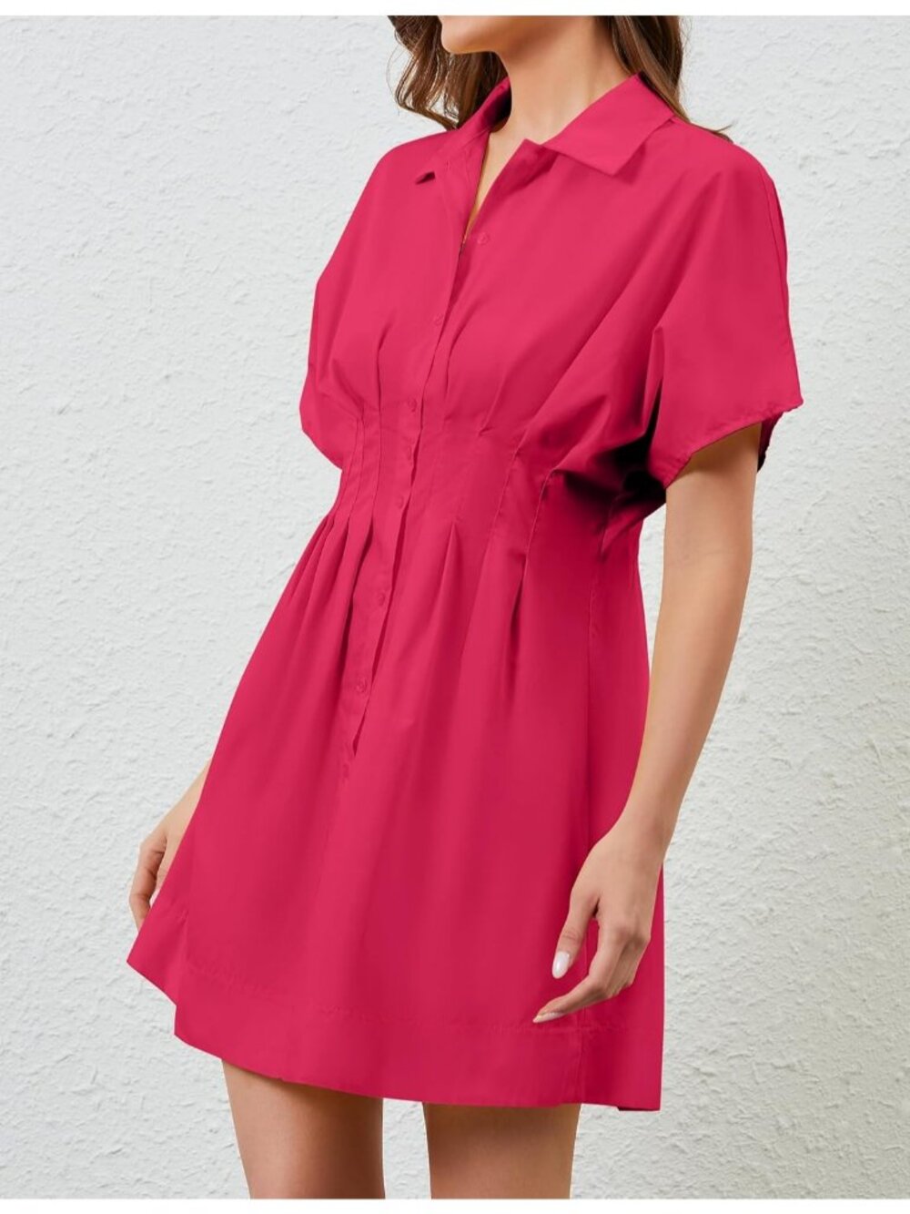 Women's Rose Button Down Short Sleeve Causal A Line Flowy Pleated Mini Dress - Picture 5 of 6